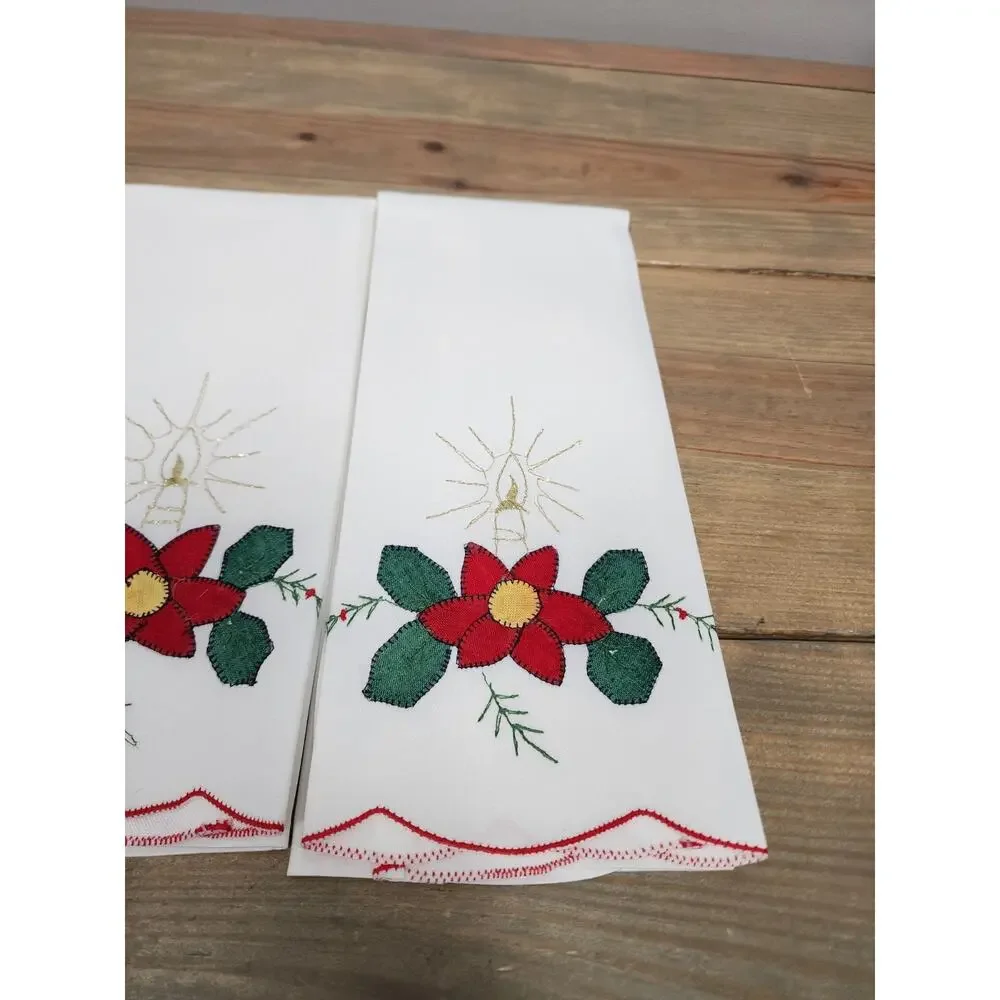 Set of 4 Embroidered Christmas Tea Towels, White Red Poinsettia